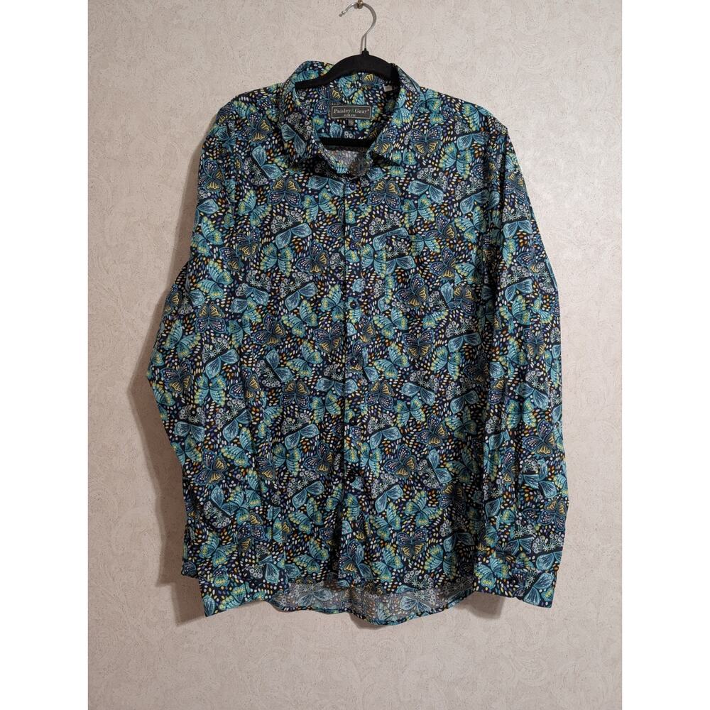 Paisley & Gray Button Up Shirt XXL (19) Teal Slim Fit Colorful Butterfly Pattern